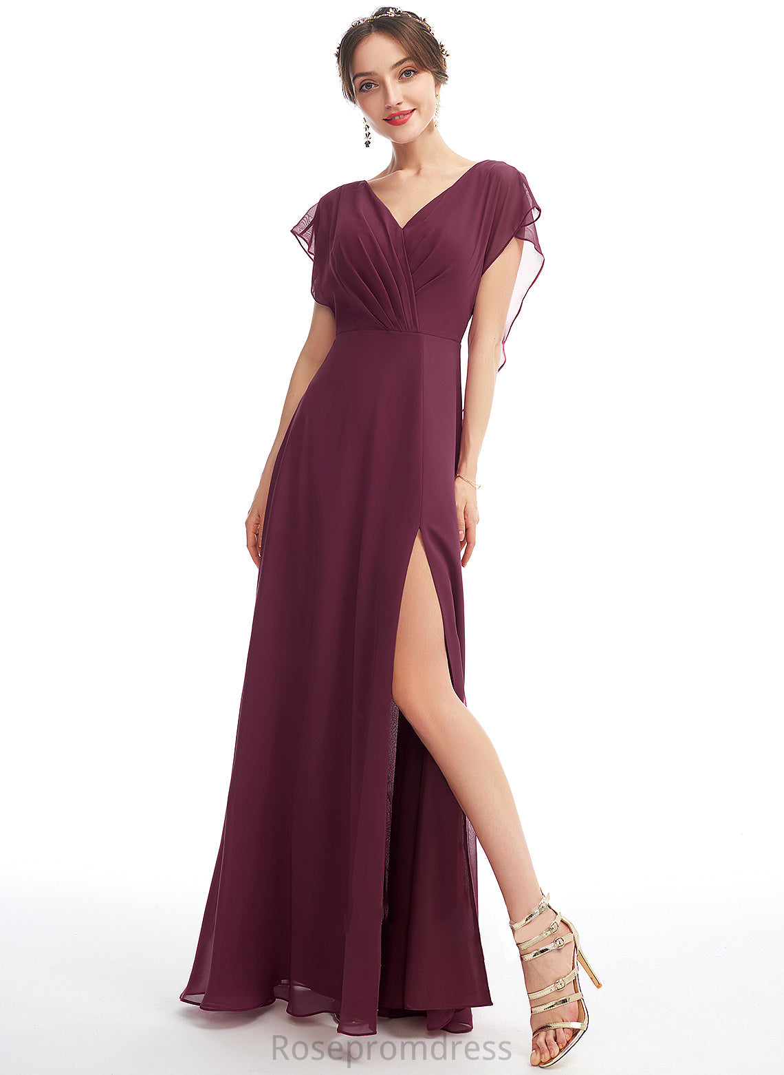 V-neck Neckline Silhouette Fabric Length A-Line Ruffle SplitFront Floor-Length Embellishment Marlie Bridesmaid Dresses
