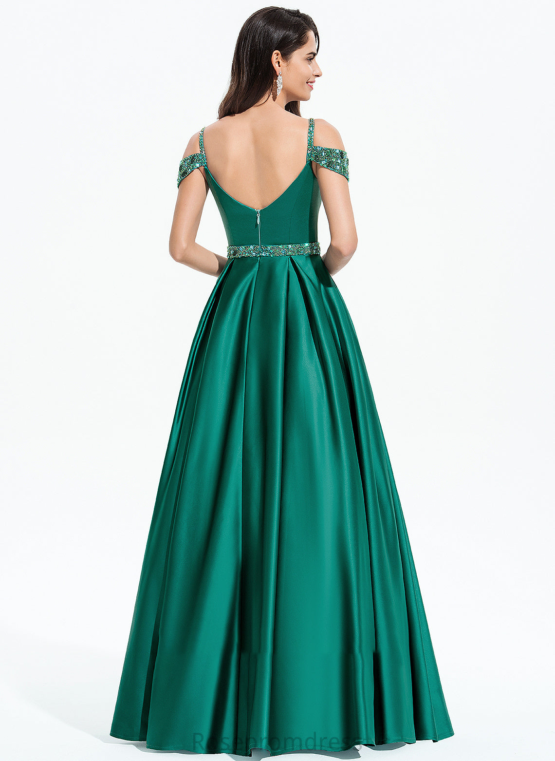 Sequins V-neck Floor-Length Prom Dresses Beading Ball-Gown/Princess With Imani Satin