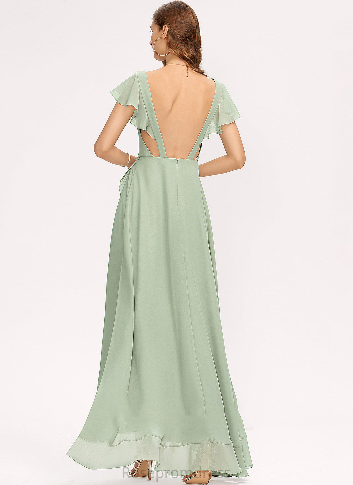 V-neck Embellishment Length Neckline Fabric CascadingRuffles A-Line Asymmetrical Silhouette Ella Spaghetti Staps Floor Length Bridesmaid Dresses