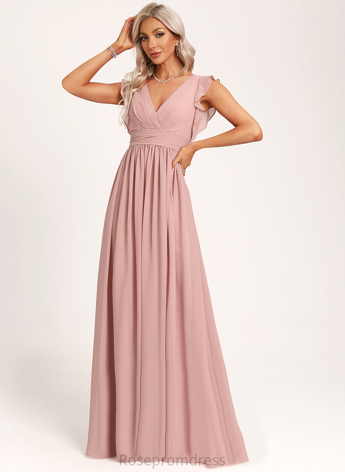Fabric A-Line Embellishment Silhouette V-neck Neckline Length Floor-Length Ruffle Rayne A-Line/Princess Natural Waist Bridesmaid Dresses