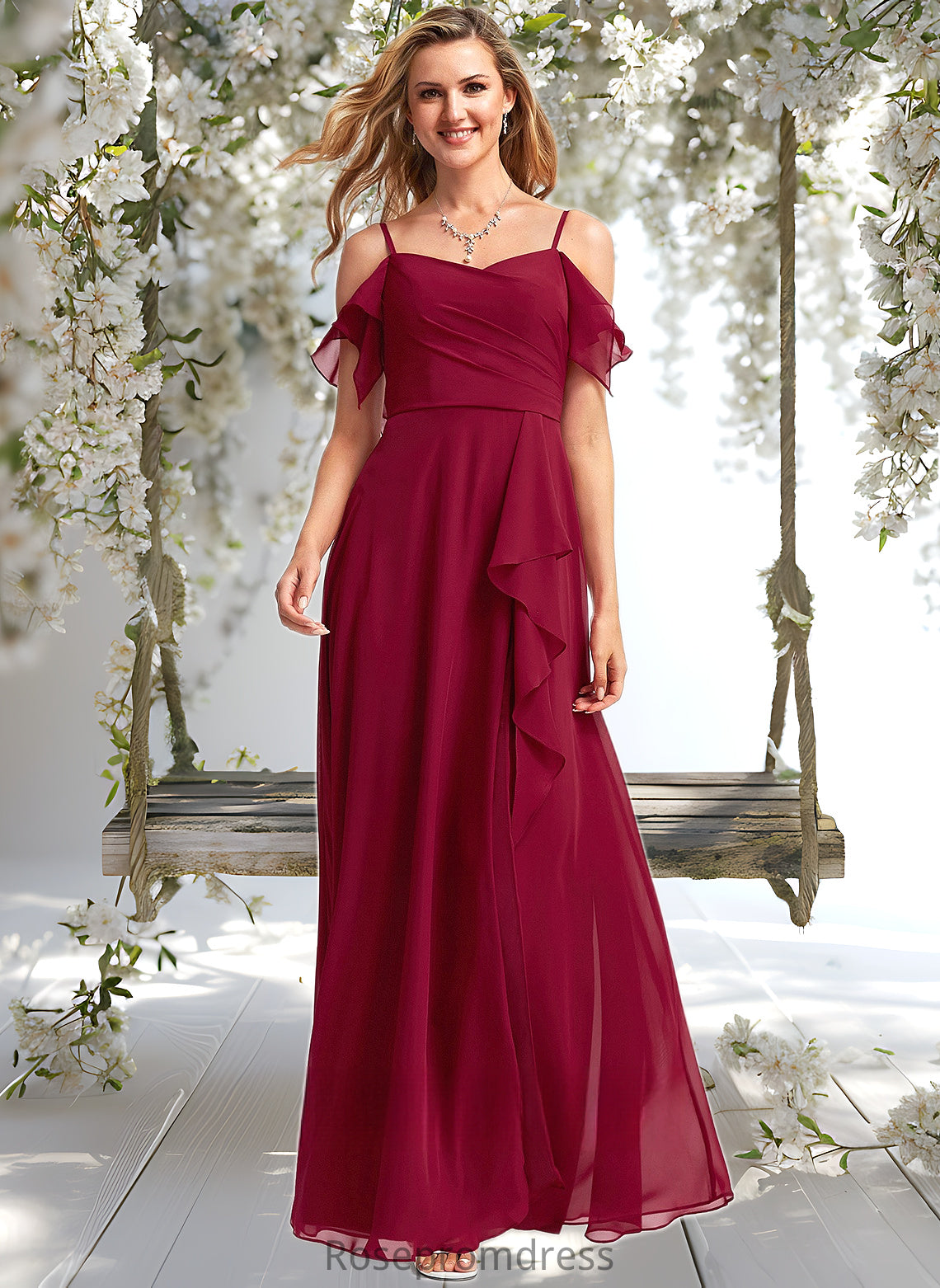Maggie A-line Cold Shoulder Floor-Length Chiffon Bridesmaid Dress With Ruffle DSP0025755