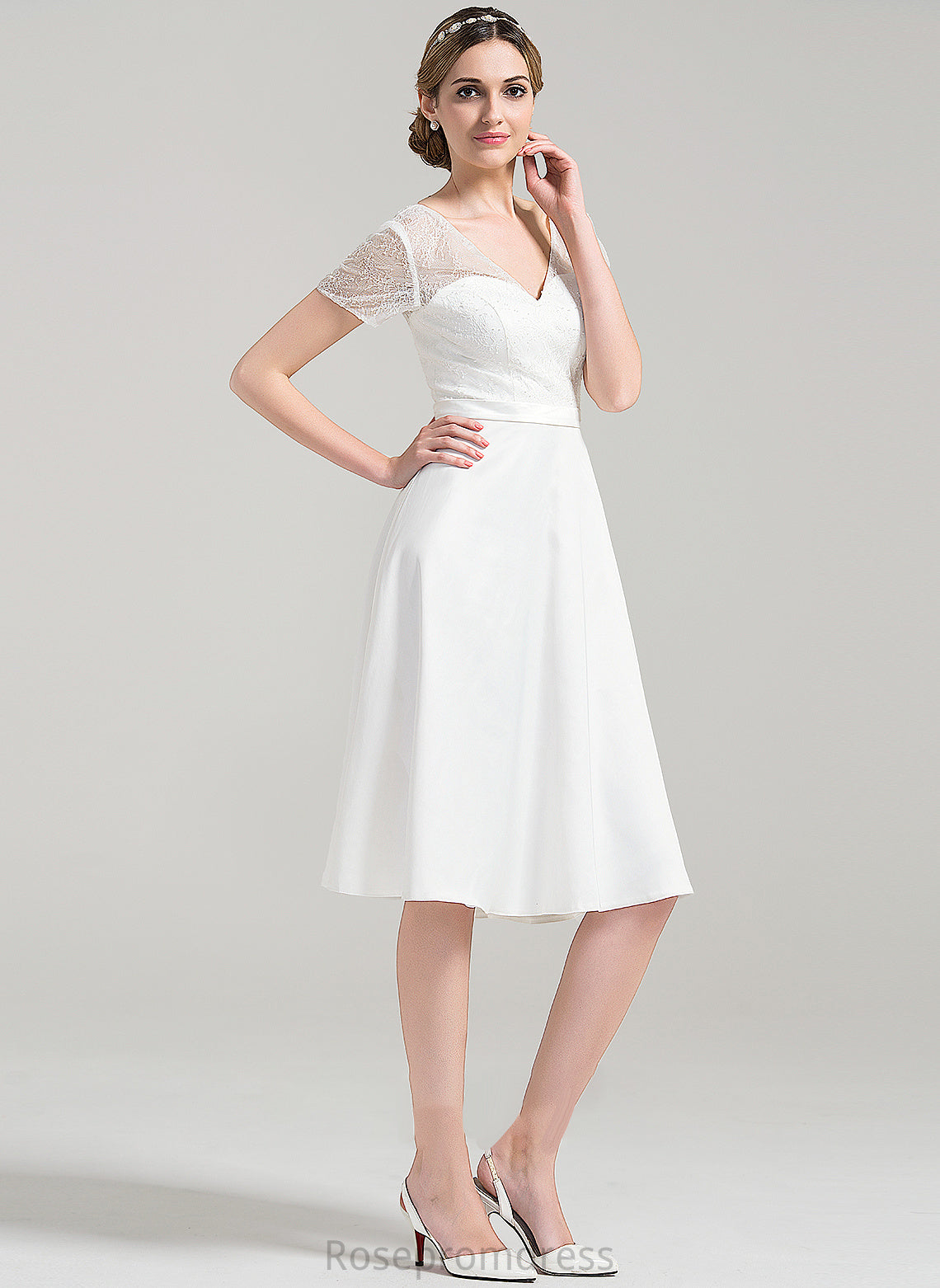 Ashlee V-neck A-Line Satin Dress Wedding Knee-Length Wedding Dresses