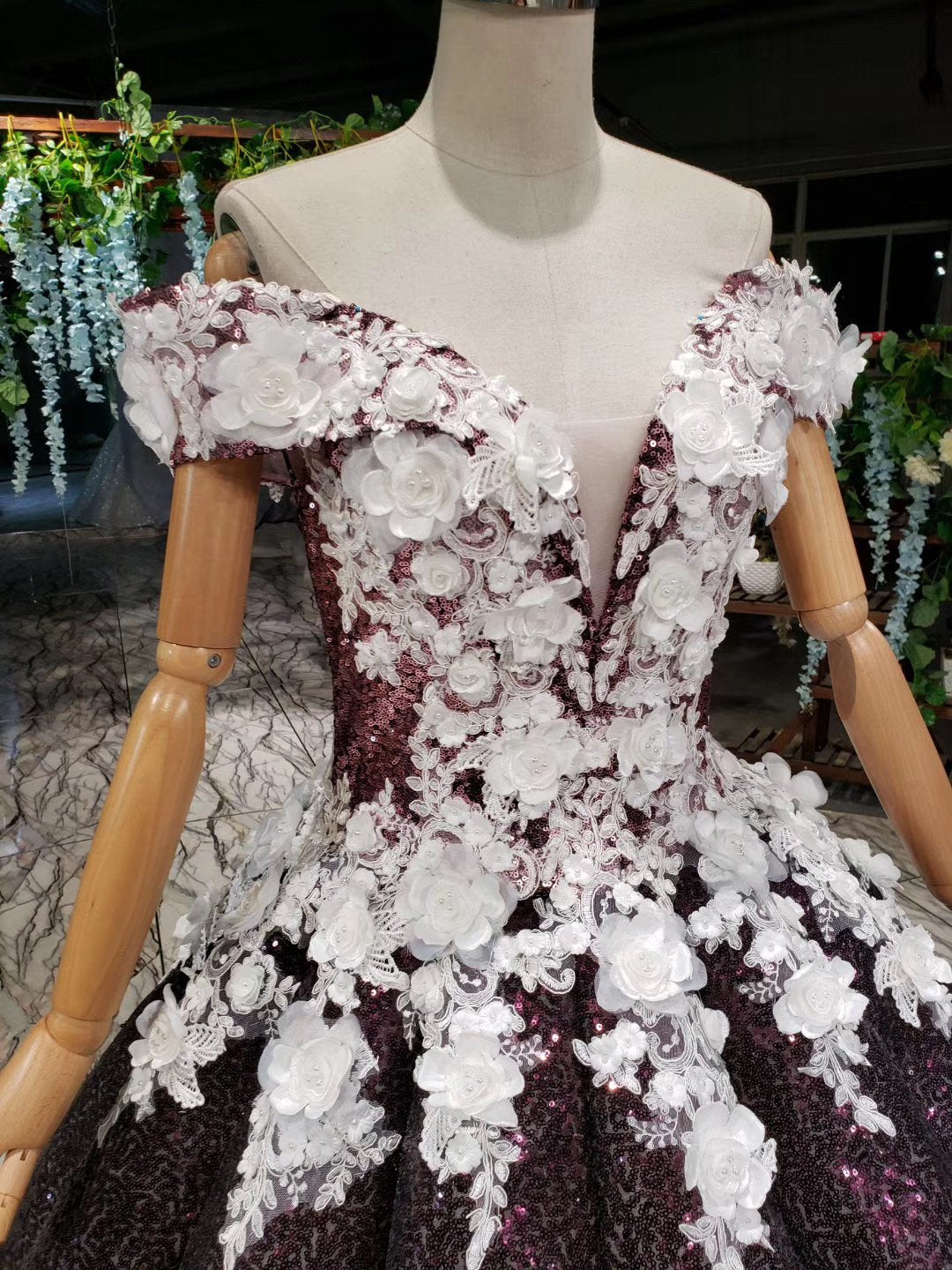 Ball Gown Off the Shoulder V Neck Satin Prom Dresses with Hand Made Flowers, Quinceanera Dress SRS15064