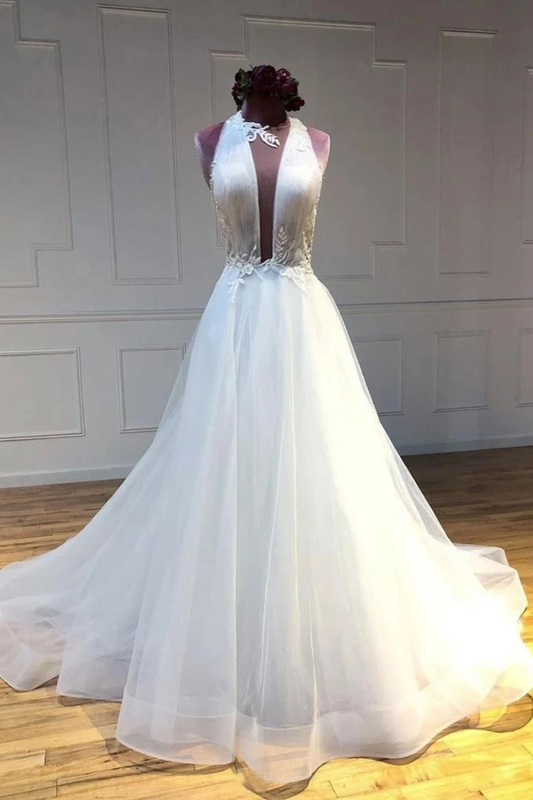 Simple Halter Court Train Tulle Wedding Dresses A Line Sleeveless Bridal SRSP5QM4JP3