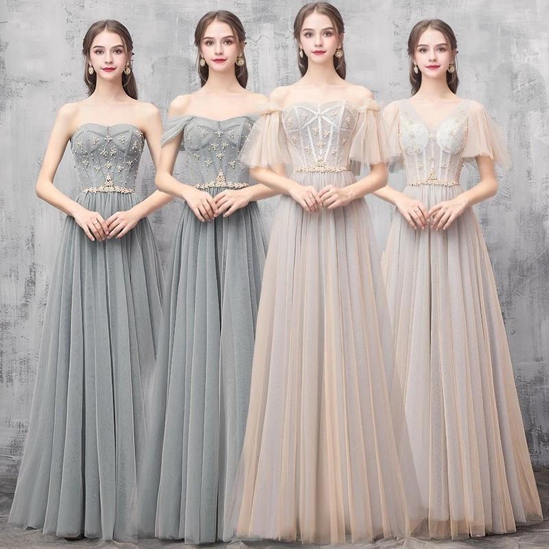 Elegant Off Shoulder Floor Length Tulle Prom Dress, Lace up Bridesmaid Dresses SRS15185