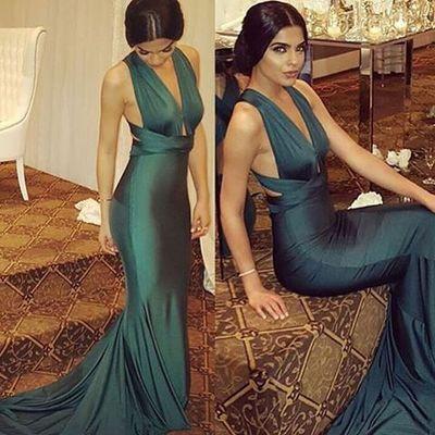 Sexy Dark Green Deep V-Neck Mermaid Backless Prom Dresses RS552