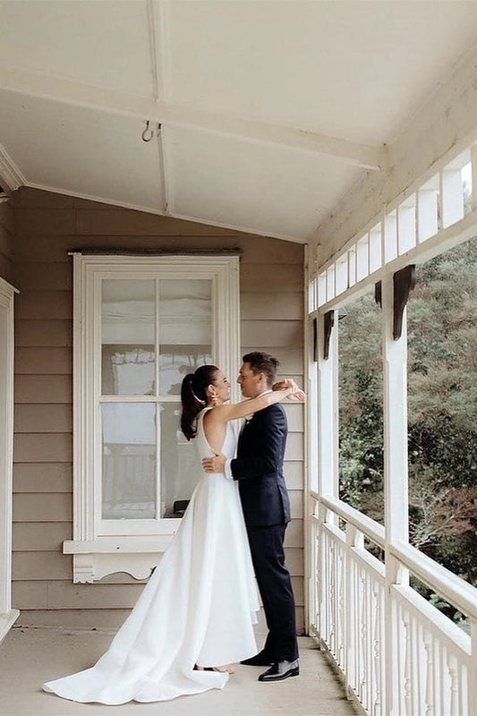 Simple Round Neck Satin Ivory Wedding Dresses with Pockets, Long Wedding Gowns SRS15398