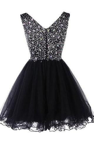 Sparkly Classy Short Sleeveless Cute V-Neck Beaded Tulle Crystals Homecoming Dresses RS772