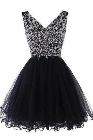 Sparkly Classy Short Sleeveless Cute V-Neck Beaded Tulle Crystals Homecoming Dresses RS772