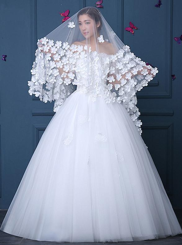 Long Tulle Ivory Wedding Veils with Hand Made Flowers, Wedding Veils SRS15583