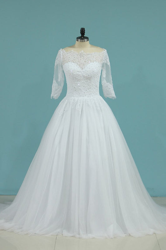 2024 Mid-Length Sleeves Baot Neck Wedding Dresses A Line With Applique