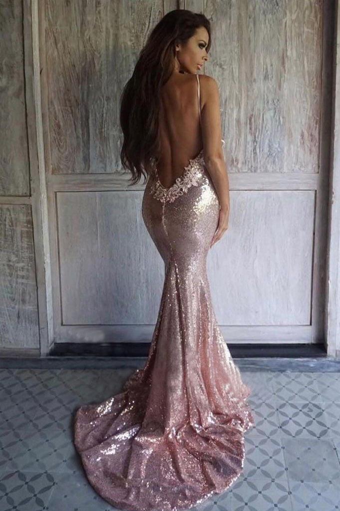 Sexy Rose Gold Sequins Mermaid Long Prom Dresses Spaghetti Straps Backless Party Dresses SRS15349