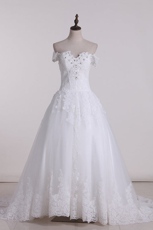 2024 New Arrival Wedding Dresses Off The Shoulder Tulle With Applique And Beads A Line