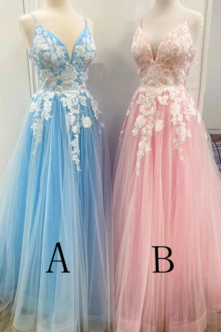 New Spaghetti Strap Floor Length A Line Tulle Prom Dress With Appliques Formal SRSP3CZ9RMF