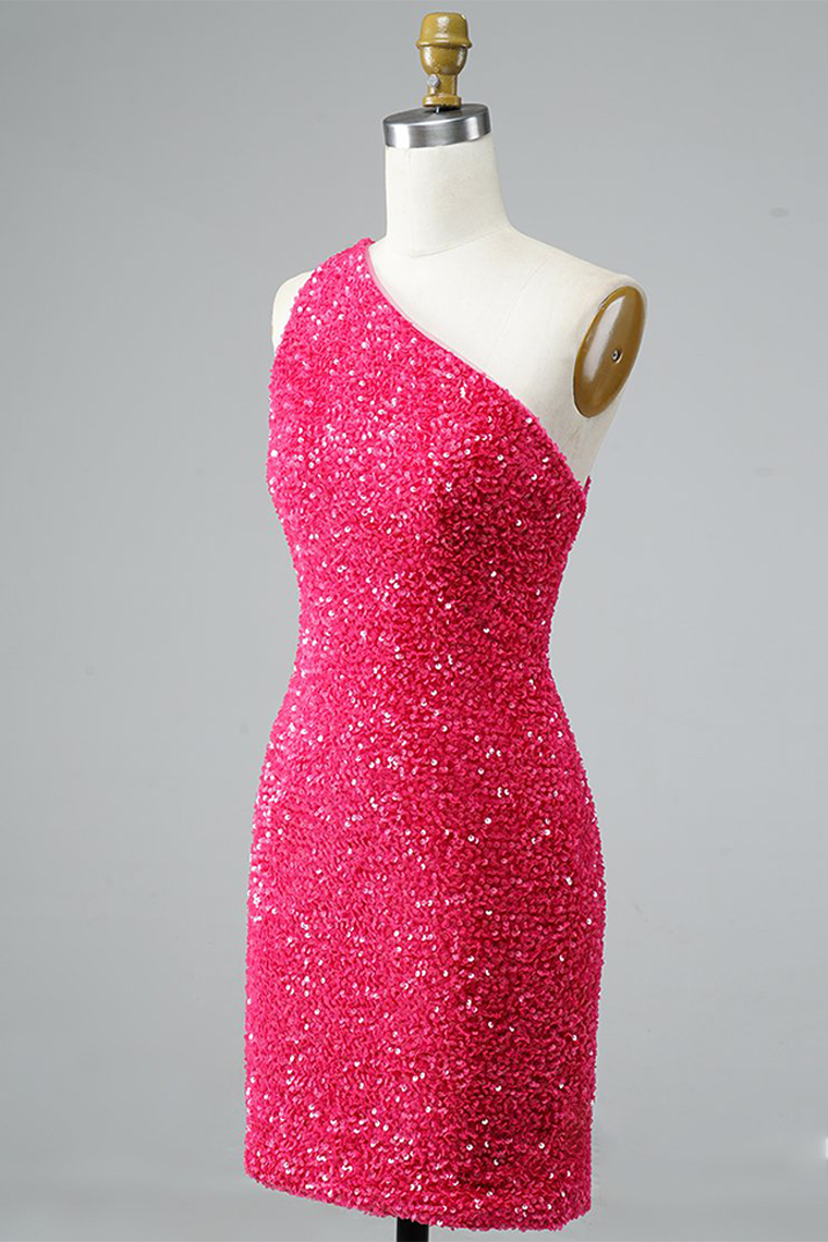 Glitter One-Shoulder Homecoming Dresses Fernanda Pink Hot With Sequins