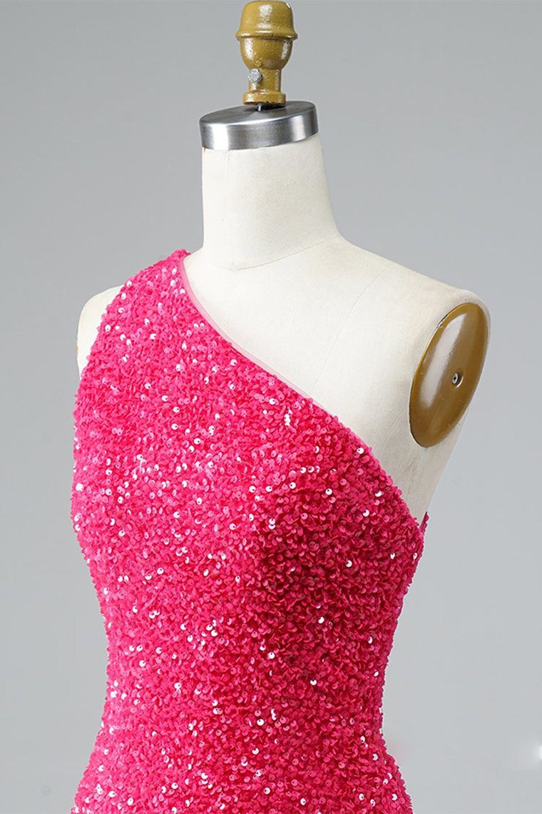 Glitter One-Shoulder Homecoming Dresses Fernanda Pink Hot With Sequins