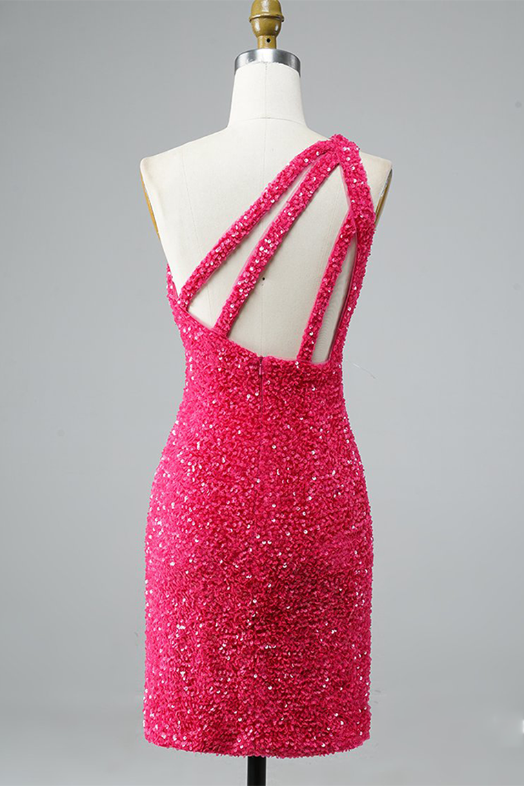 Glitter One-Shoulder Homecoming Dresses Fernanda Pink Hot With Sequins