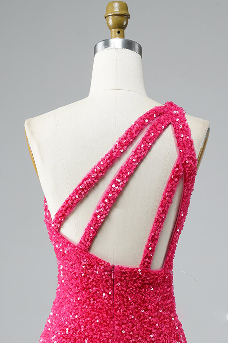 Glitter One-Shoulder Homecoming Dresses Fernanda Pink Hot With Sequins