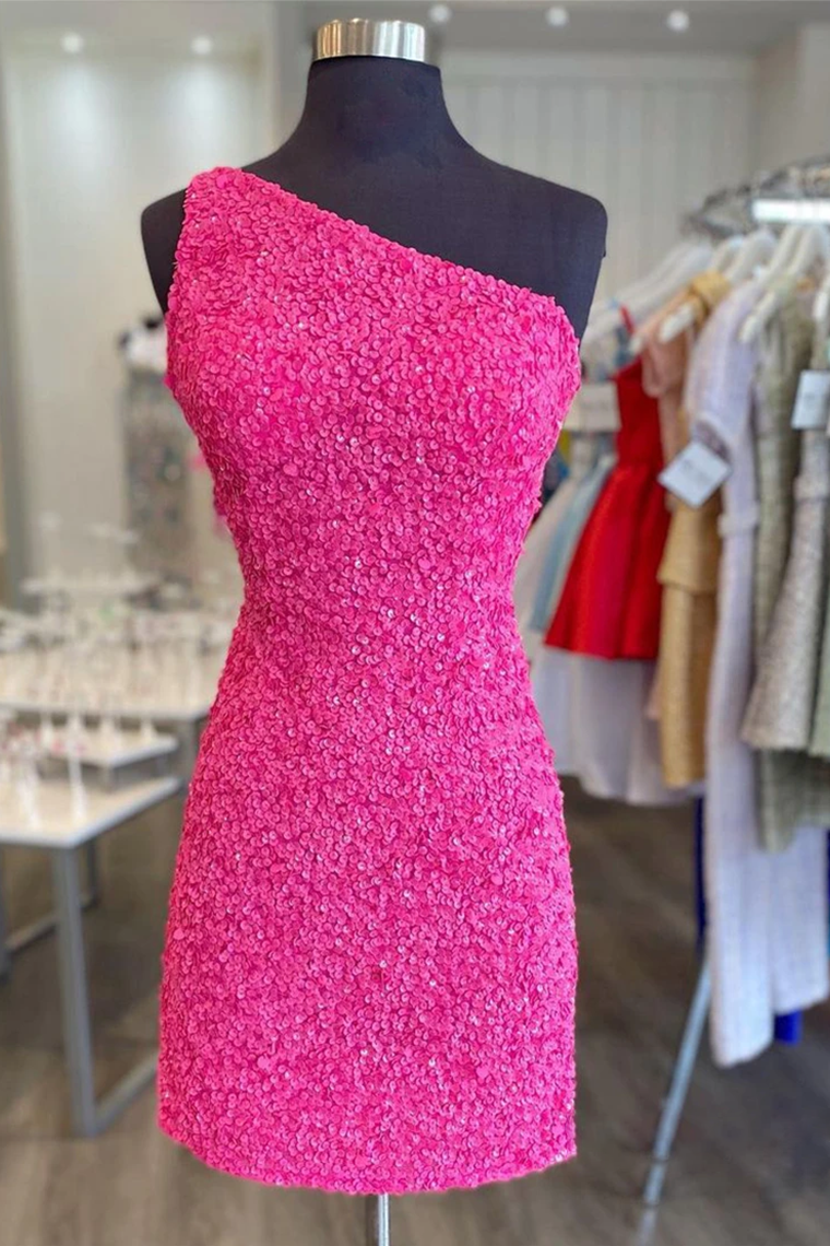Glitter One-Shoulder Homecoming Dresses Fernanda Pink Hot With Sequins
