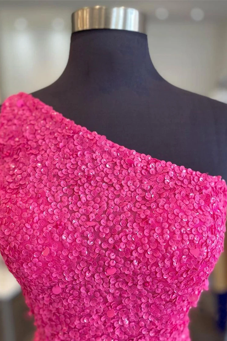 Glitter One-Shoulder Homecoming Dresses Fernanda Pink Hot With Sequins