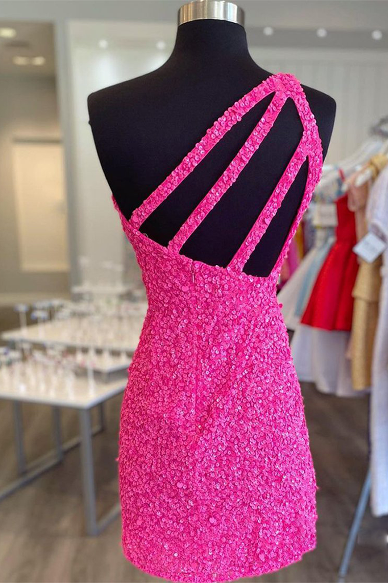 Glitter One-Shoulder Homecoming Dresses Fernanda Pink Hot With Sequins