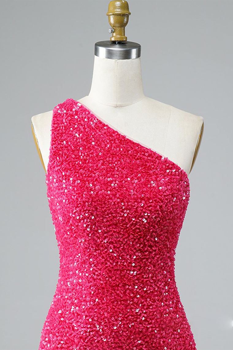 Glitter One-Shoulder Homecoming Dresses Fernanda Pink Hot With Sequins