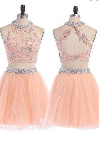 Peach Homecoming dress 2 pieces homecoming dress short homecoming dress RS897