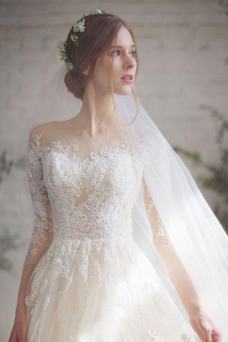 Romantic 3/4 Sleeves Illusion Neckline Appliques Wedding SRSPEG4NEPJ