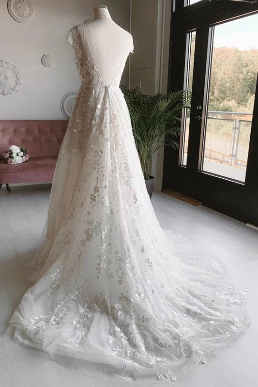 Elegant A-line V-neck Long Prom Dresses Appliques Backless Wedding Dresses SRS15154