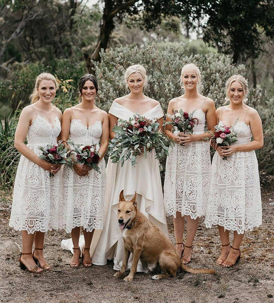 A Line Ivory Lace Spaghetti Straps V Neck Bridesmaid Dresses, Bridesmaid Gowns SRS15489