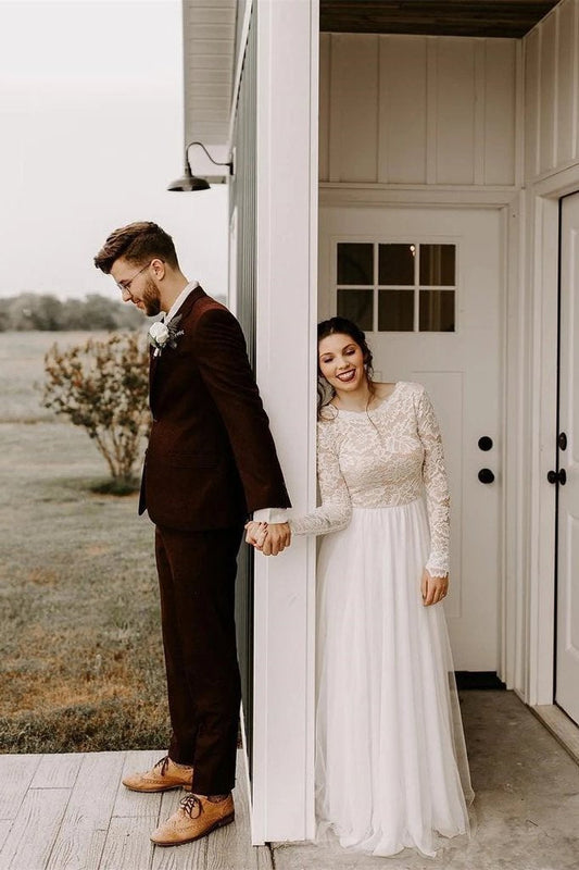 Elegant A Line Long Sleeves Round Neck Backless Boho Wedding Dress, Bridal SRS15637