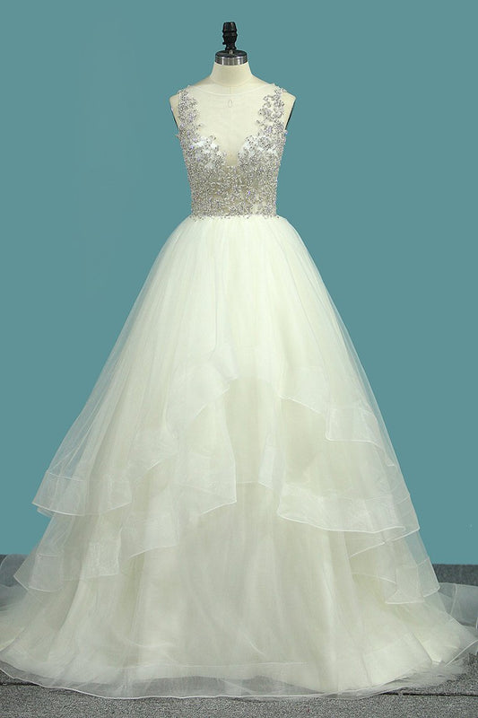 2024 New Arrival A Line Tulle Scoop Beaded Bodice Wedding Dresses