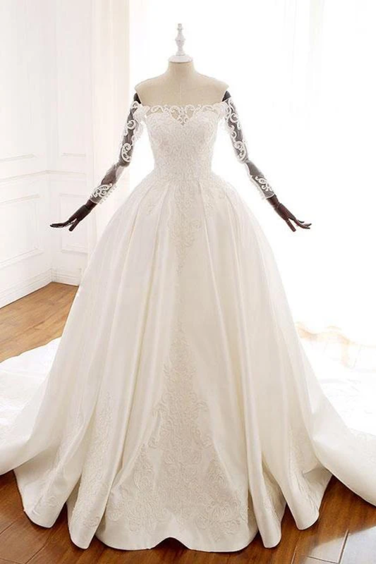 Ball Gown Long Sleeves Wedding Dress With Appliques Satin Bridal SRSP1JNP34P