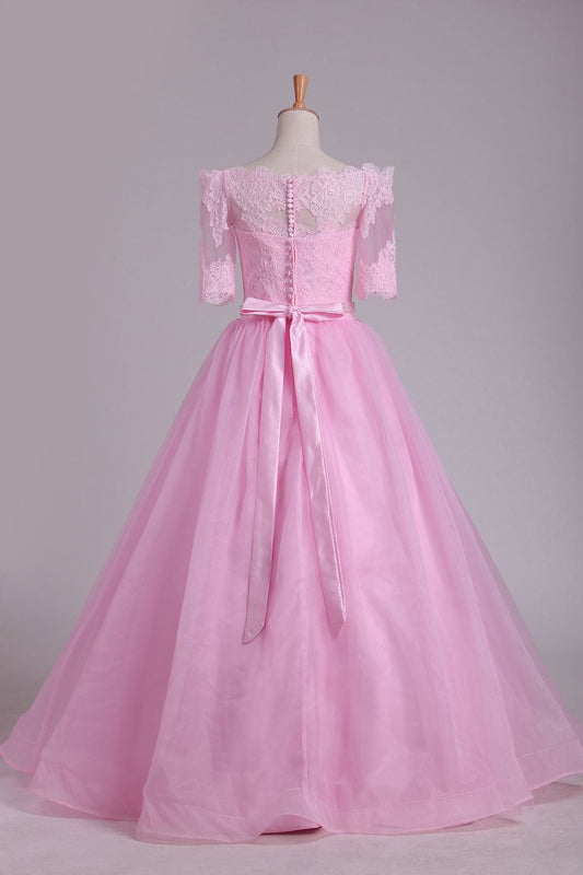 2024 Wedding Dresses Boat Neck Half Sleeves Floor Length Organza & Lace With Applique