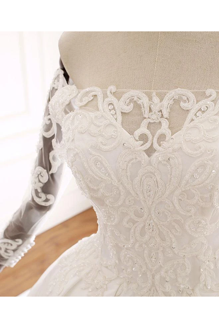 Ball Gown Long Sleeves Wedding Dress With Appliques Satin Bridal SRSP1JNP34P