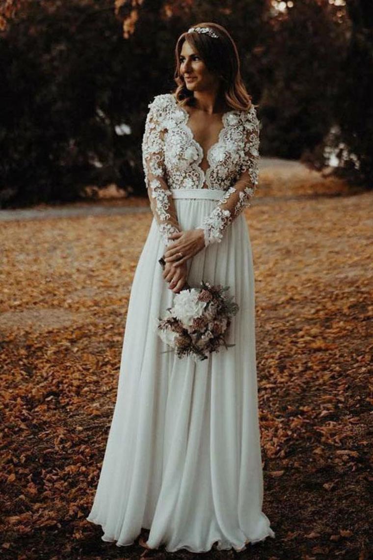 Floor Length Long Sleeves Sheer Neck Split Appliques Chiffon Beach Wedding SRSPXDZQFST
