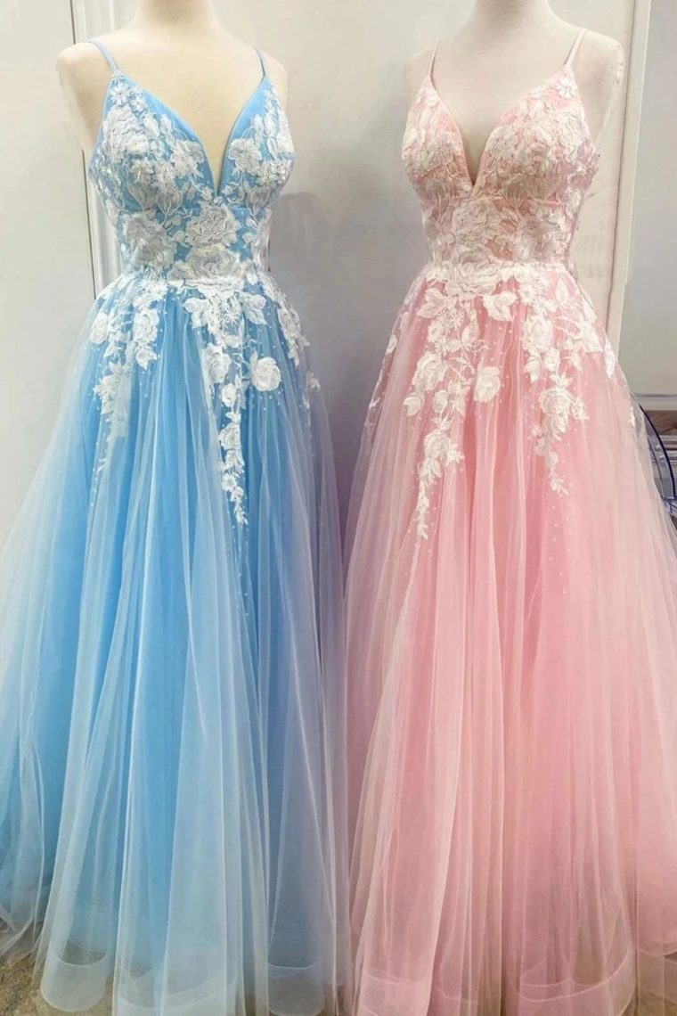 New Spaghetti Strap Floor Length A Line Tulle Prom Dress With Appliques Formal SRSP3CZ9RMF