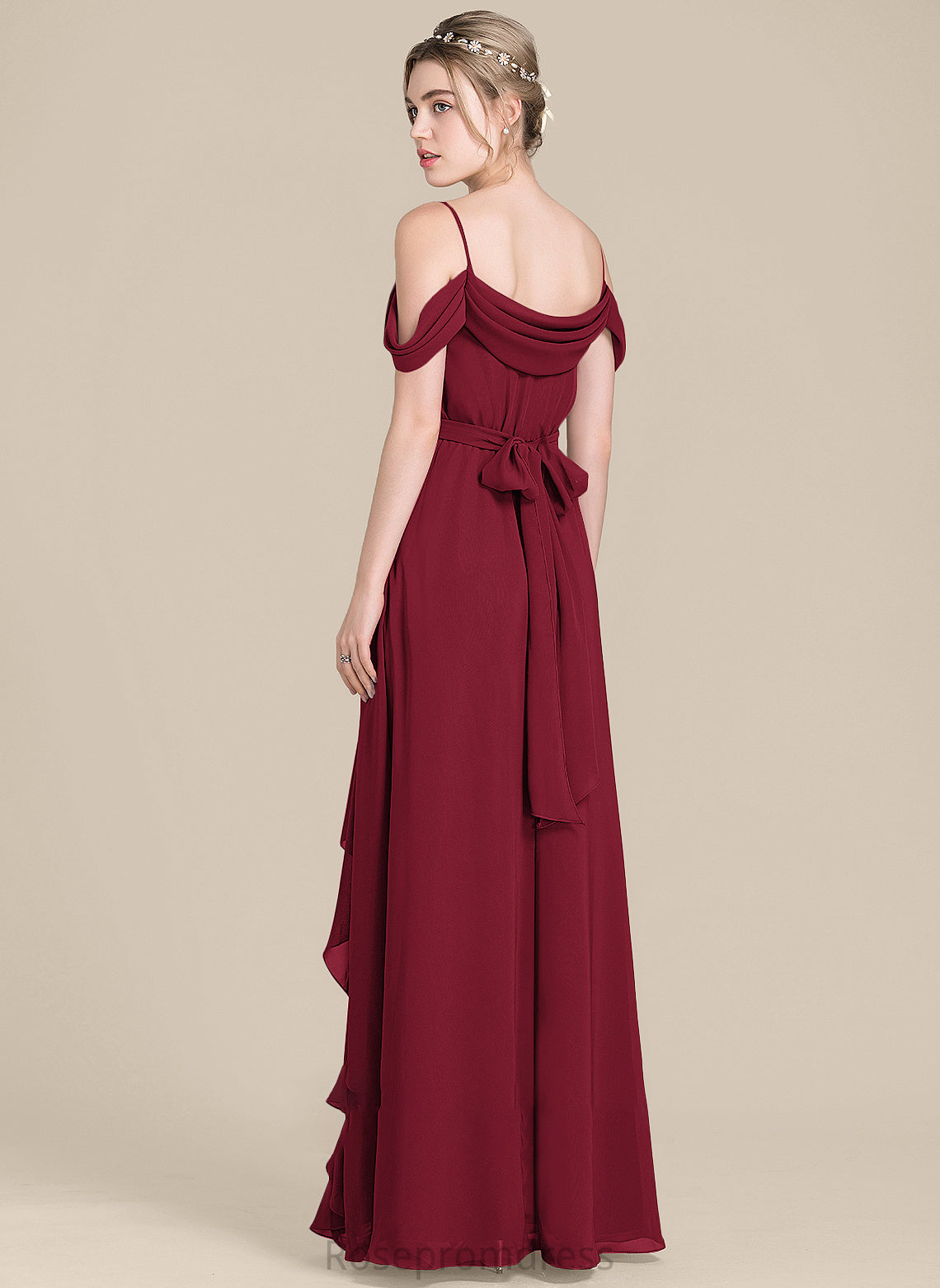 Length Floor-Length Neckline V-neck Fabric Bow(s) Embellishment A-Line CascadingRuffles Silhouette SplitFront Tess Bridesmaid Dresses