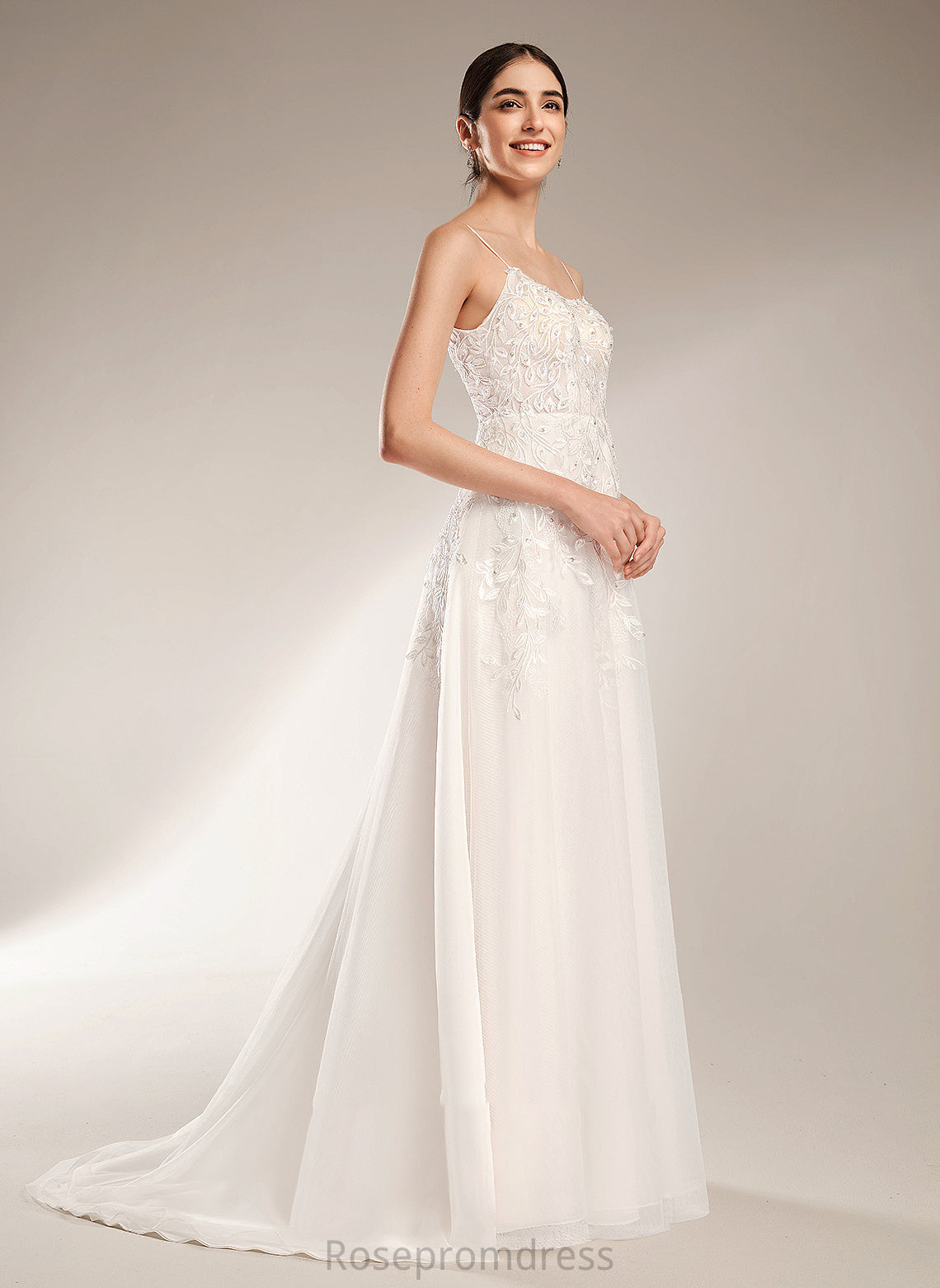 Annika Beading With A-Line Train Square Dress Wedding Dresses Sequins Wedding Court Neckline