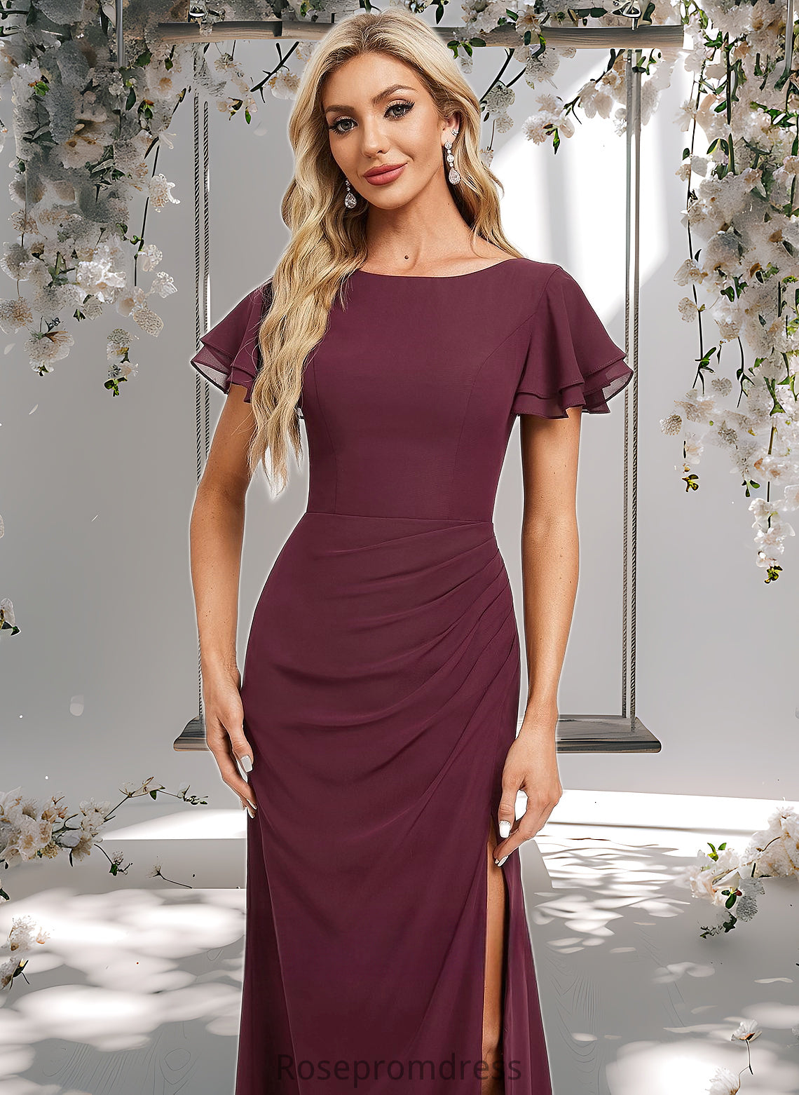 Abagail A-line Boat Neck Floor-Length Chiffon Bridesmaid Dress With Ruffle DSP0025827