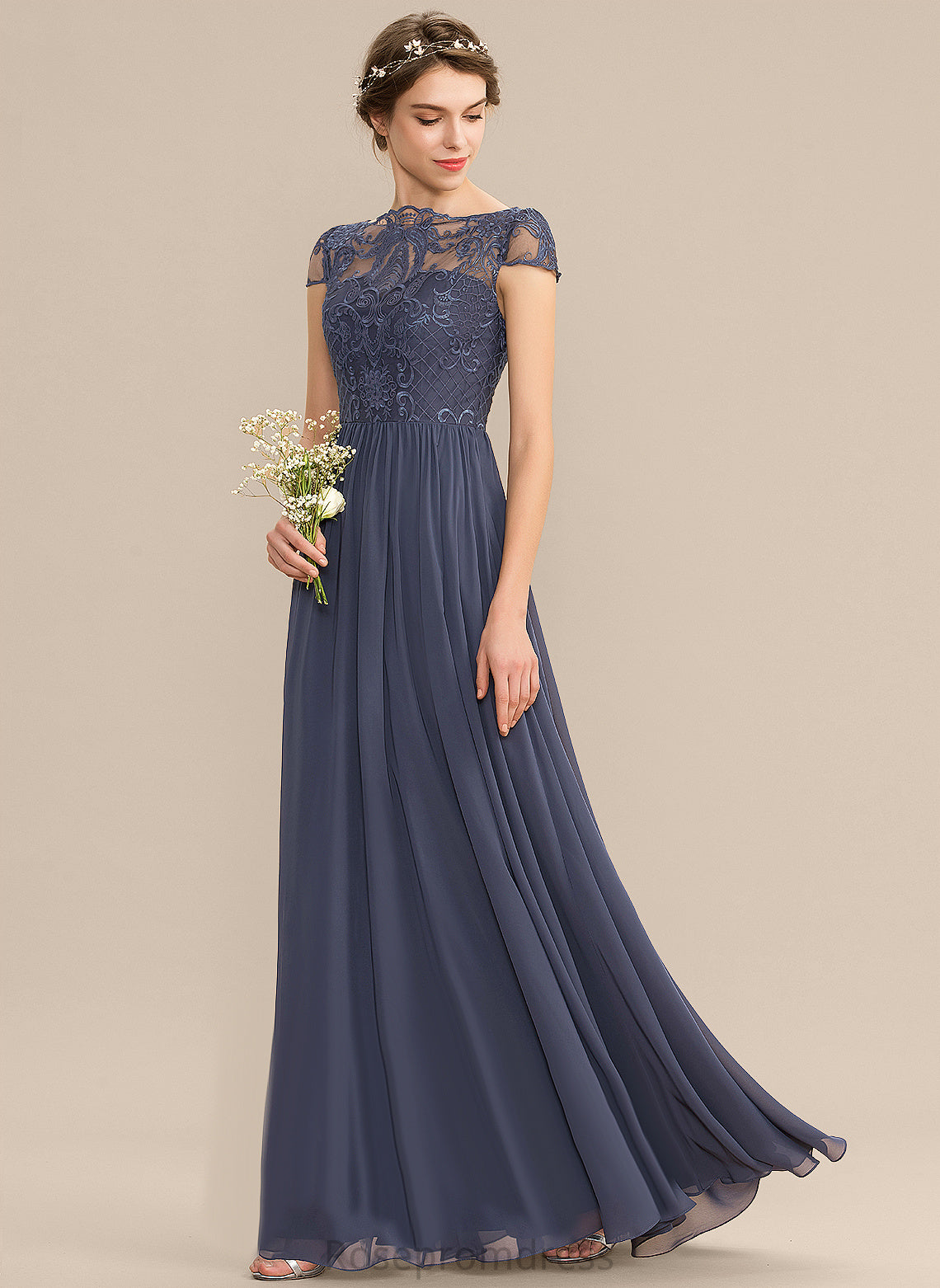 Length Fabric Neckline Silhouette A-line Lace Scoop Straps&Sleeves Floor-Length Allie Natural Waist Short Sleeves Bridesmaid Dresses
