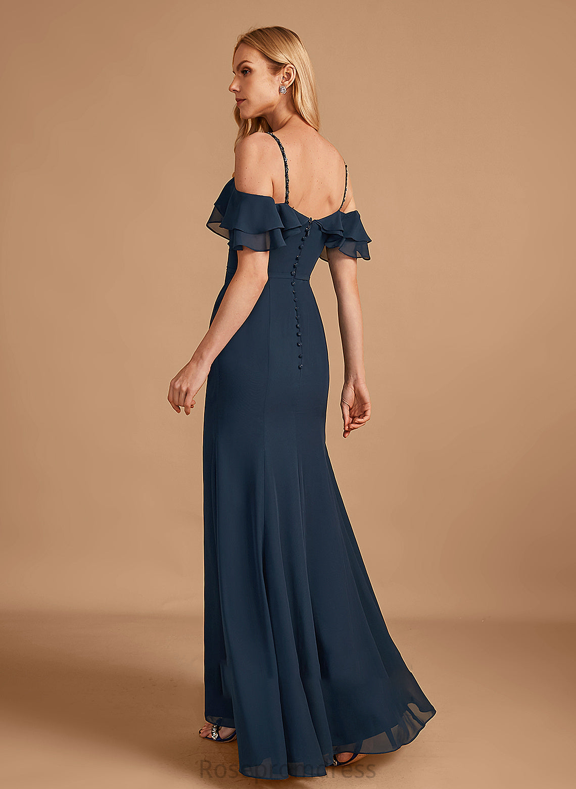 Silhouette Embellishment Beading Length Fabric Off-the-Shoulder Ruffle Floor-Length Sheath/Column Neckline Janae Off The Shoulder Bridesmaid Dresses