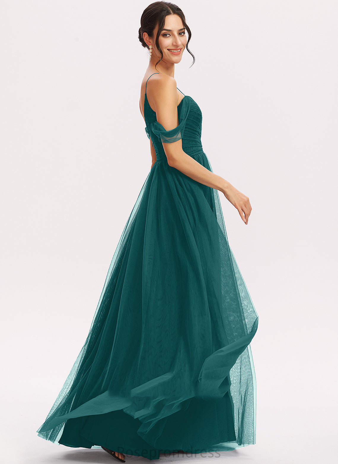 Floor-Length Embellishment V-neck Ruffle Silhouette Neckline A-Line Fabric Length Cecelia Spaghetti Staps Natural Waist Bridesmaid Dresses