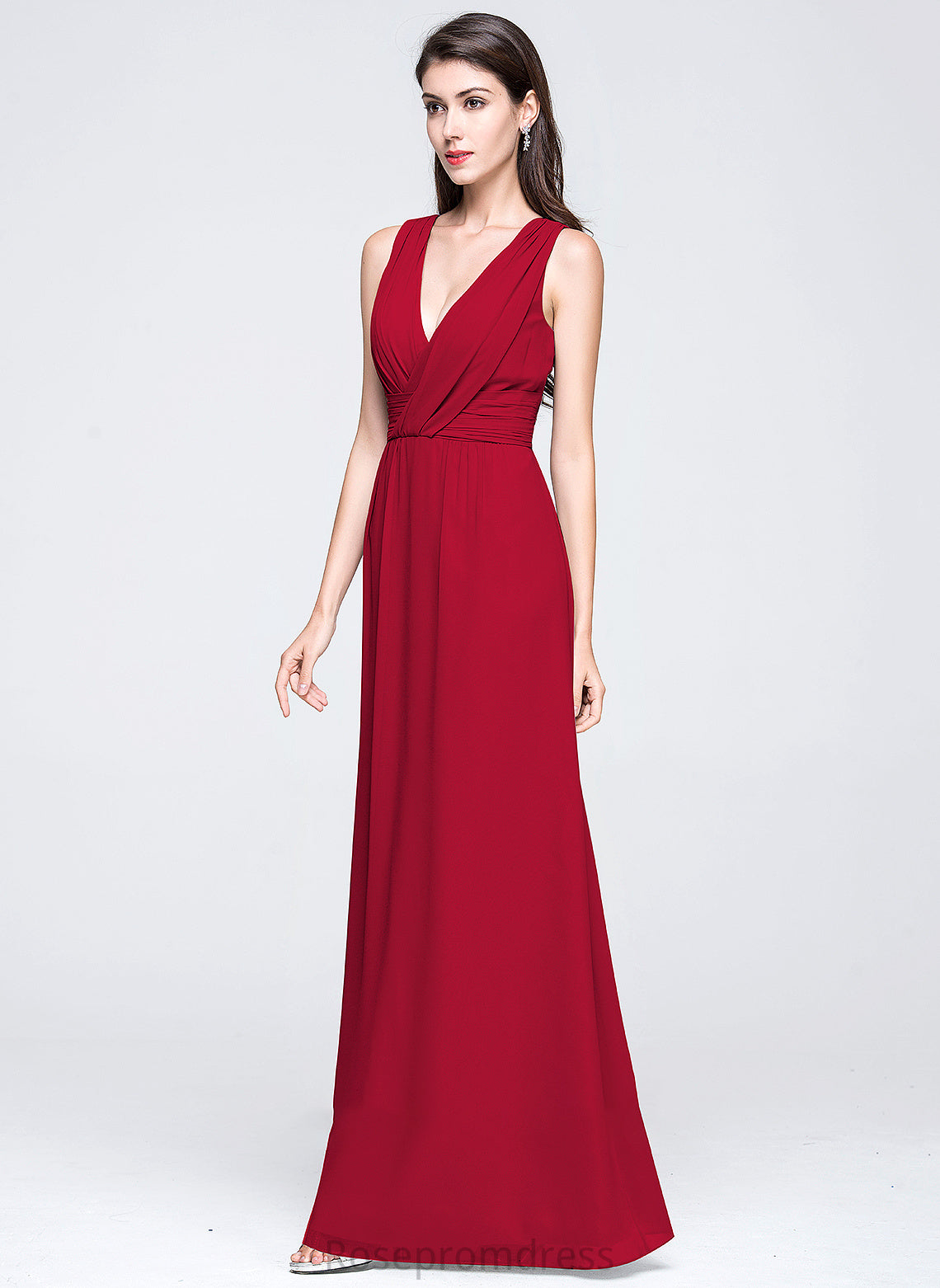 Length Fabric A-Line Silhouette Embellishment Floor-Length Neckline Ruffle V-neck Halle Stretch Satin Sleeveless Bridesmaid Dresses