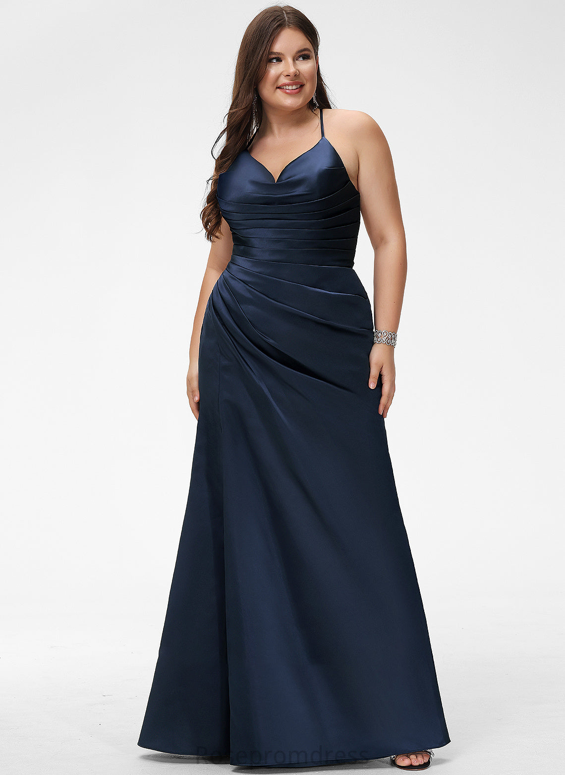 Satin Sheath/Column Floor-Length Prom Dresses Pleated Cristina With V-neck