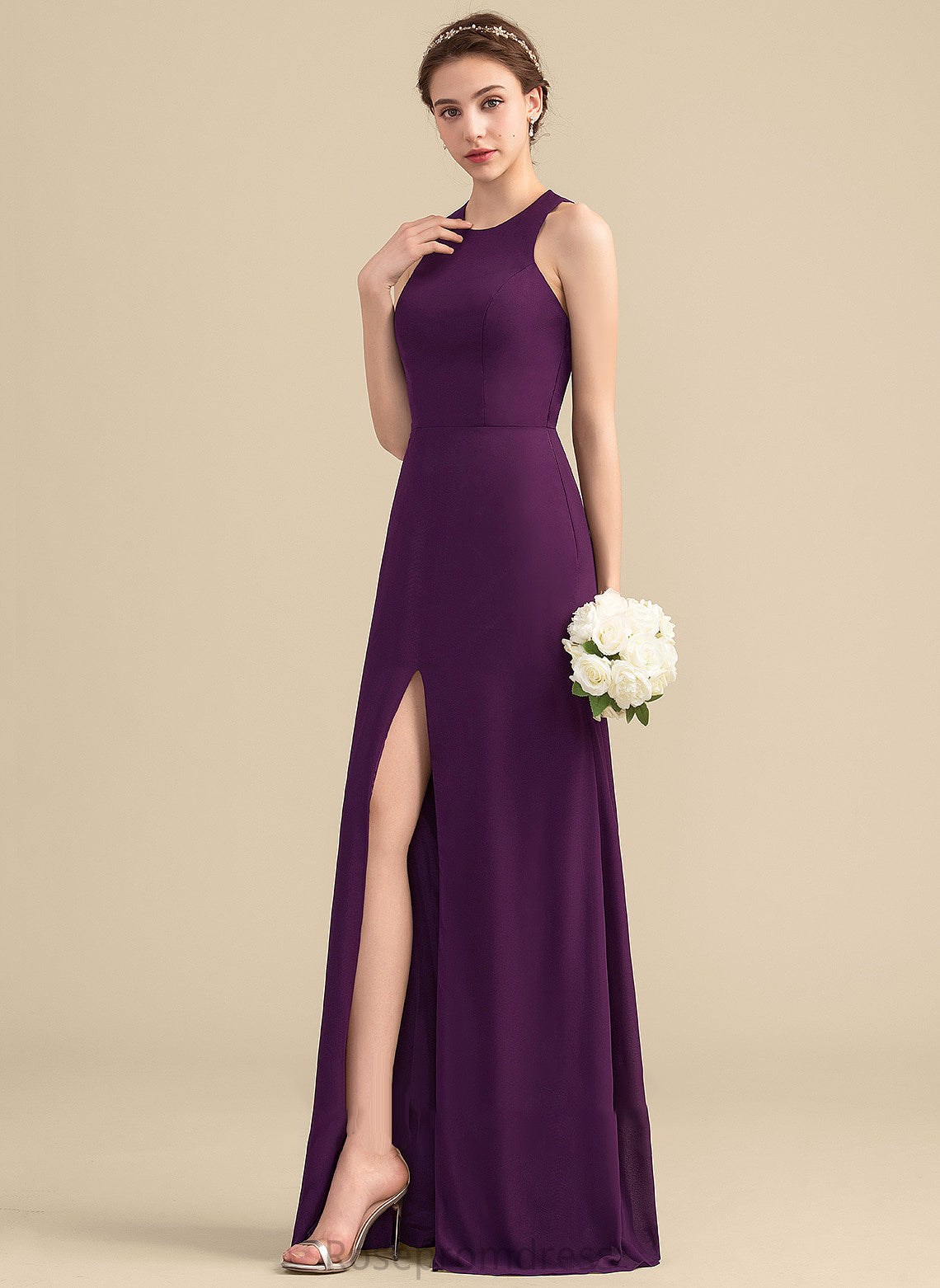 Silhouette Length Embellishment SplitFront Fabric ScoopNeck Floor-Length A-Line Neckline Elizabeth Natural Waist Floor Length Bridesmaid Dresses