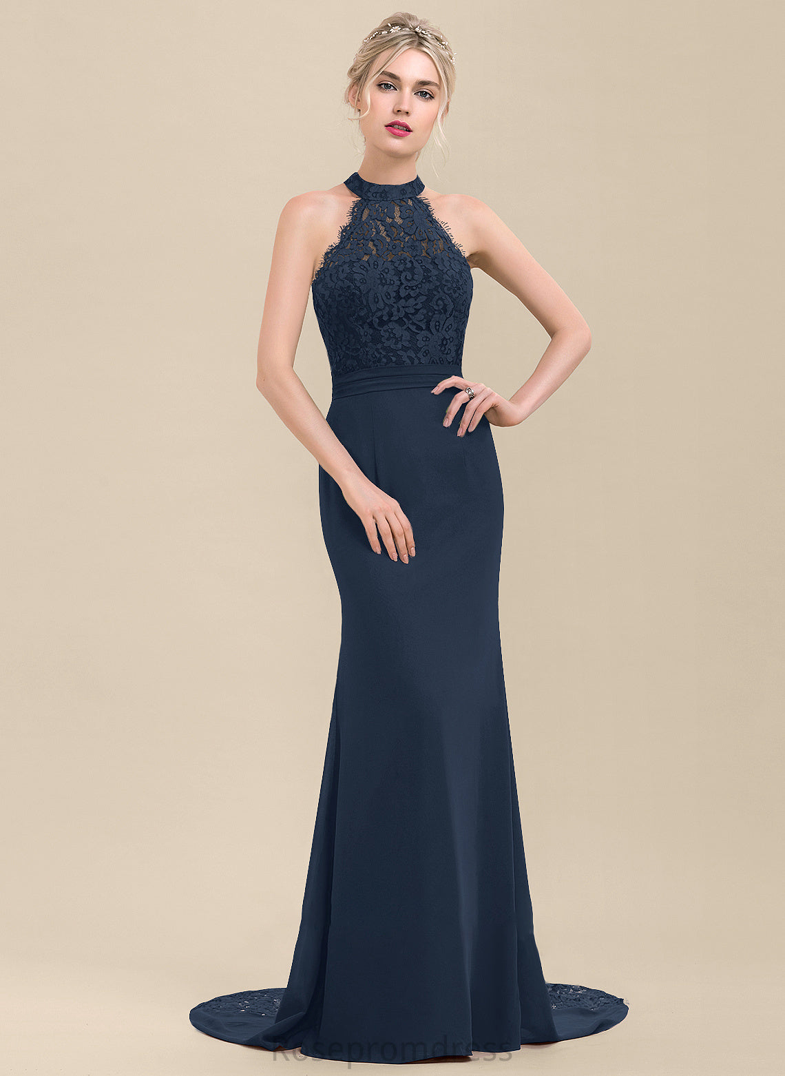 Fabric Trumpet/Mermaid Lace Straps SweepTrain Neckline Silhouette Length HighNeck Dixie Floor Length Natural Waist Bridesmaid Dresses