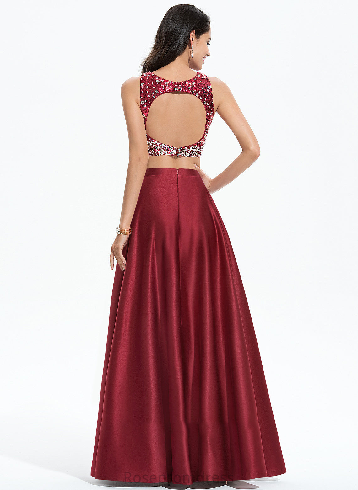Sequins Sariah Scoop Neck Satin Beading A-Line Floor-Length With Prom Dresses