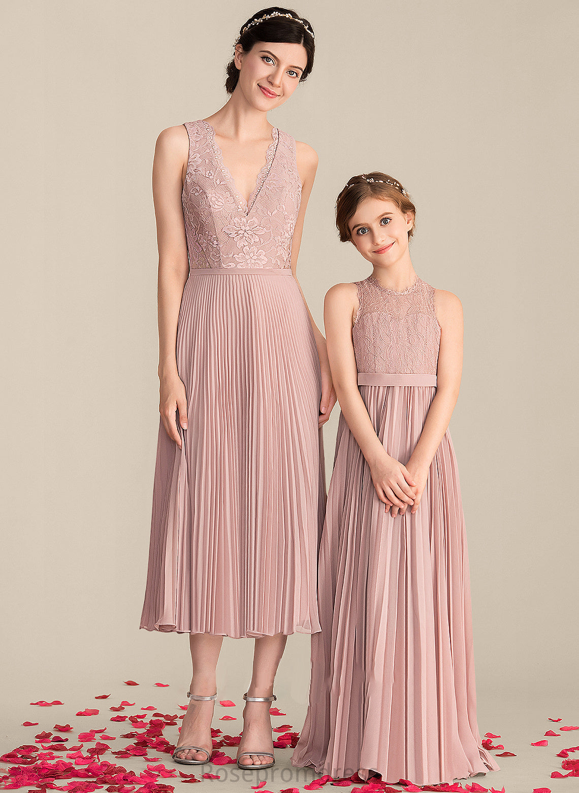 V-neck A-Line Fabric Pleated Neckline Silhouette Tea-Length Embellishment Length Destinee A-Line/Princess Sleeveless Bridesmaid Dresses