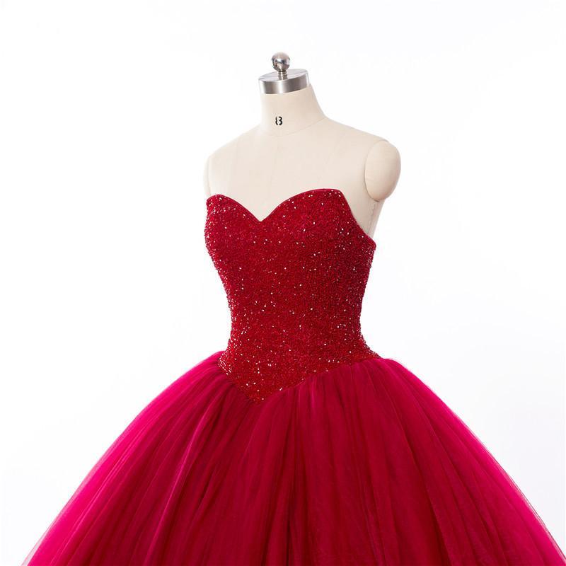 New Style Red Tulle Lace up Sweetheart Strapless Beads Ball Gown Prom Quinceanera Dress RS512